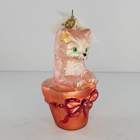 Christopher Radko Terracotta Kitty Christmas Ornament QVC Pink Cat Green Eyes - Picture 2 of 8